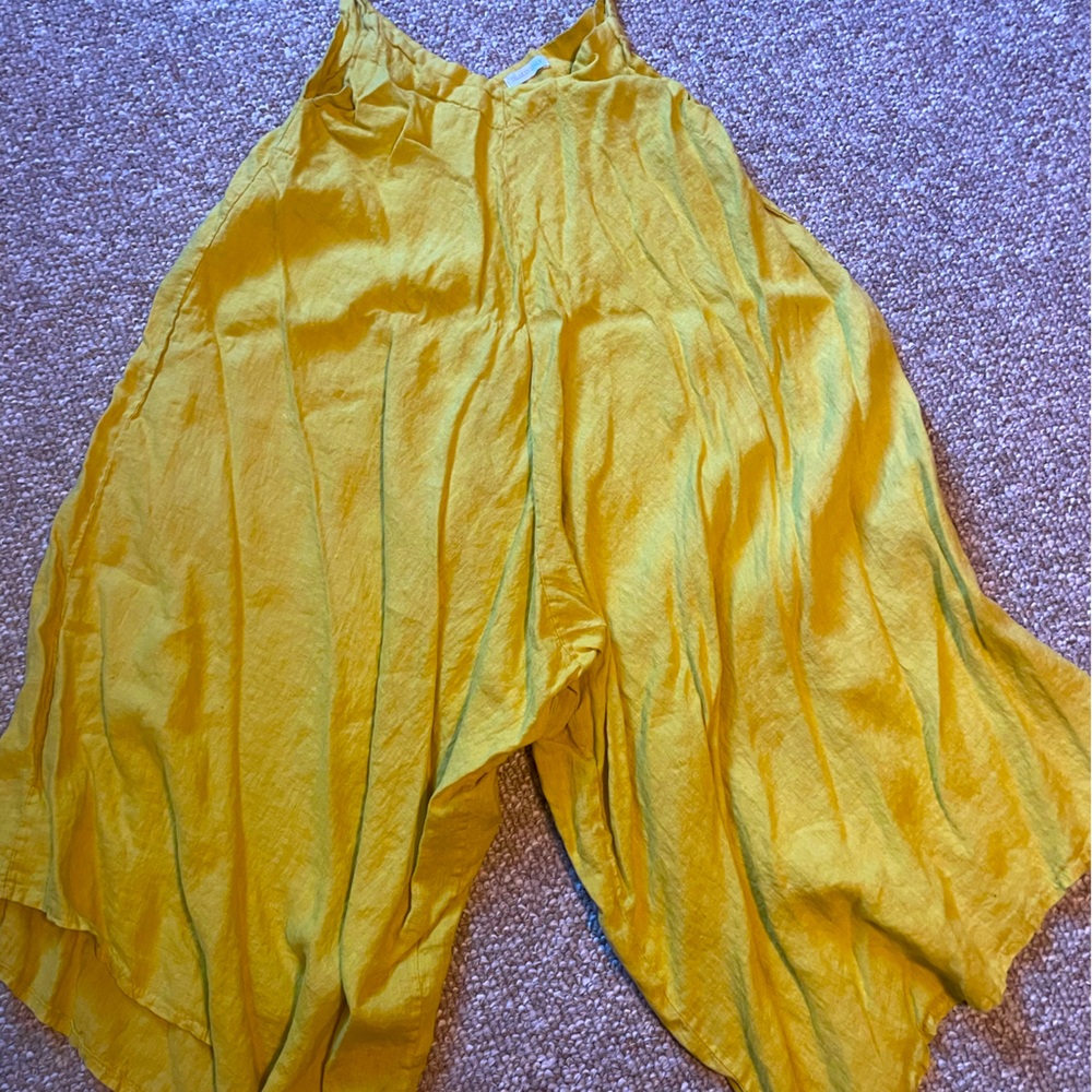 Yellow linen romper with ties at top